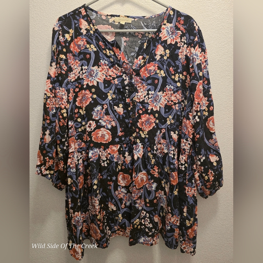 Loralette Pink and Blue Floral Blouse with V-Neck